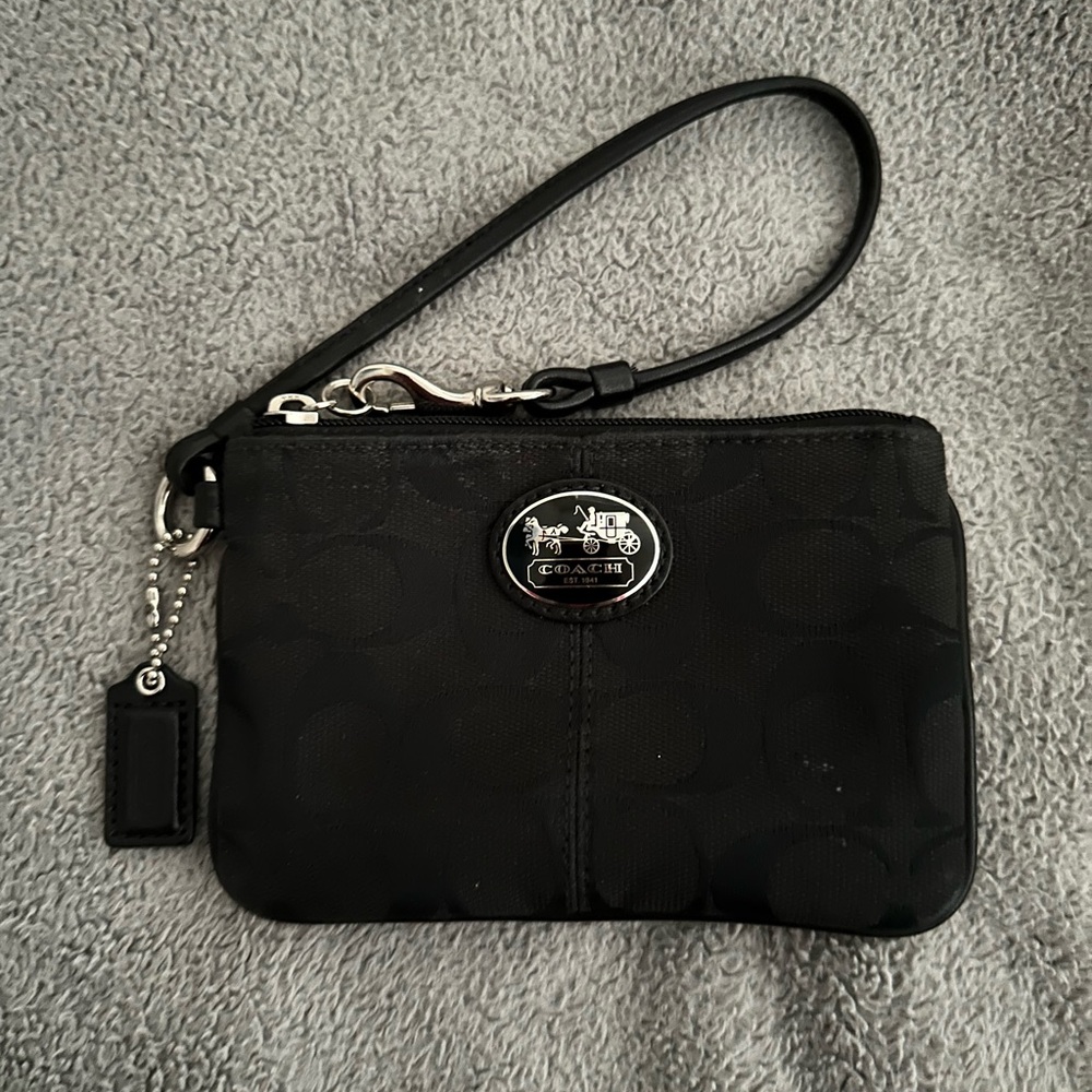 Coach Black Signature Wristlet with Silver Coach Emblem